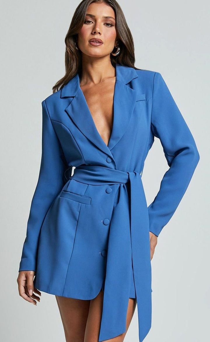 Women's Belted Double-Breasted Blazer Mini Dress - Royal Blue