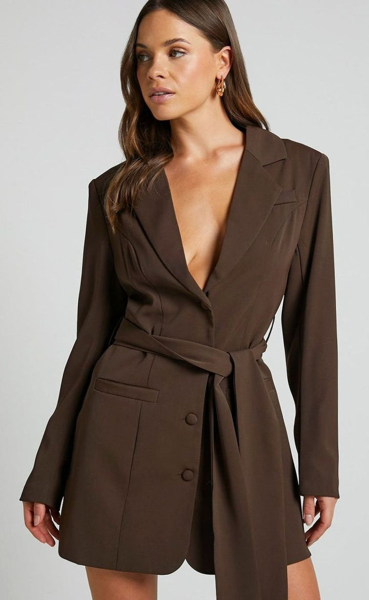 Women's Belted Double-Breasted Blazer Mini Dress - Coffee