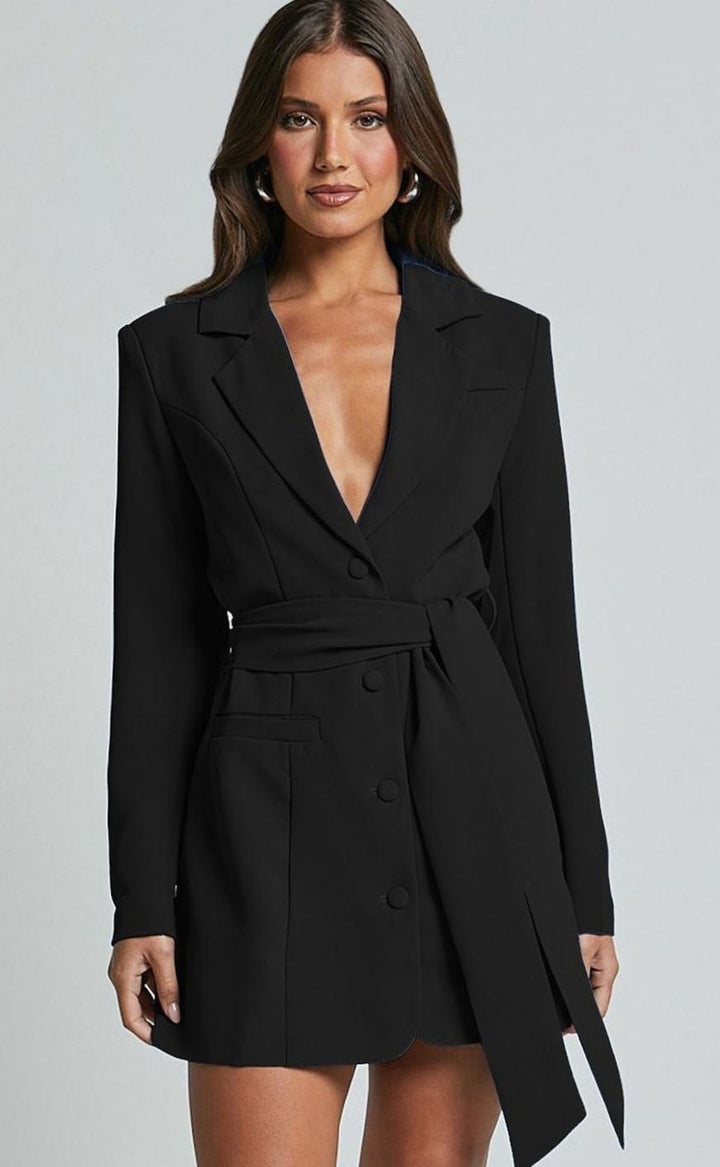 Women's Belted Double-Breasted Blazer Mini Dress - Black
