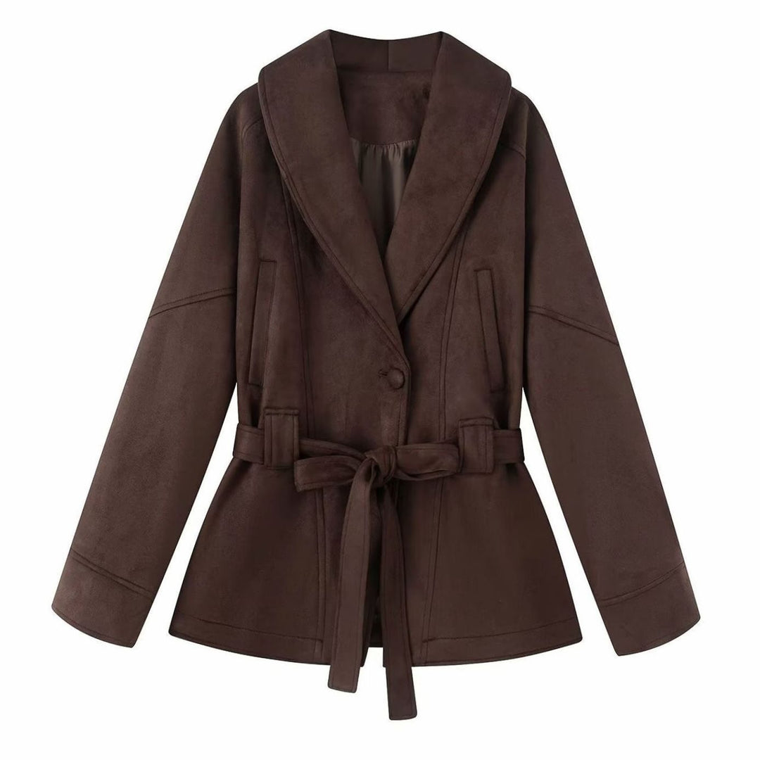 Women's Belted Faux-Suede Short Coat Shawl-Collar Jacket - Dark Brown