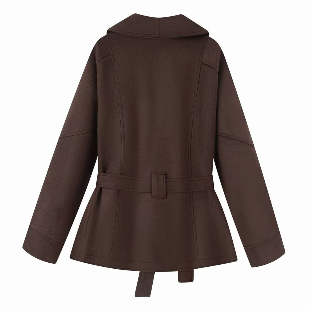 Women's Belted Faux-Suede Short Coat Shawl-Collar Jacket