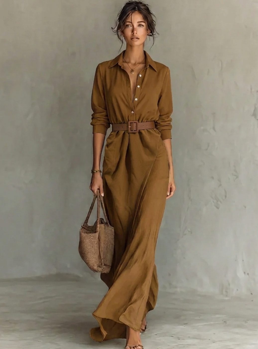 Women's Belted Long Sleeve Collared Maxi Dress - Khaki