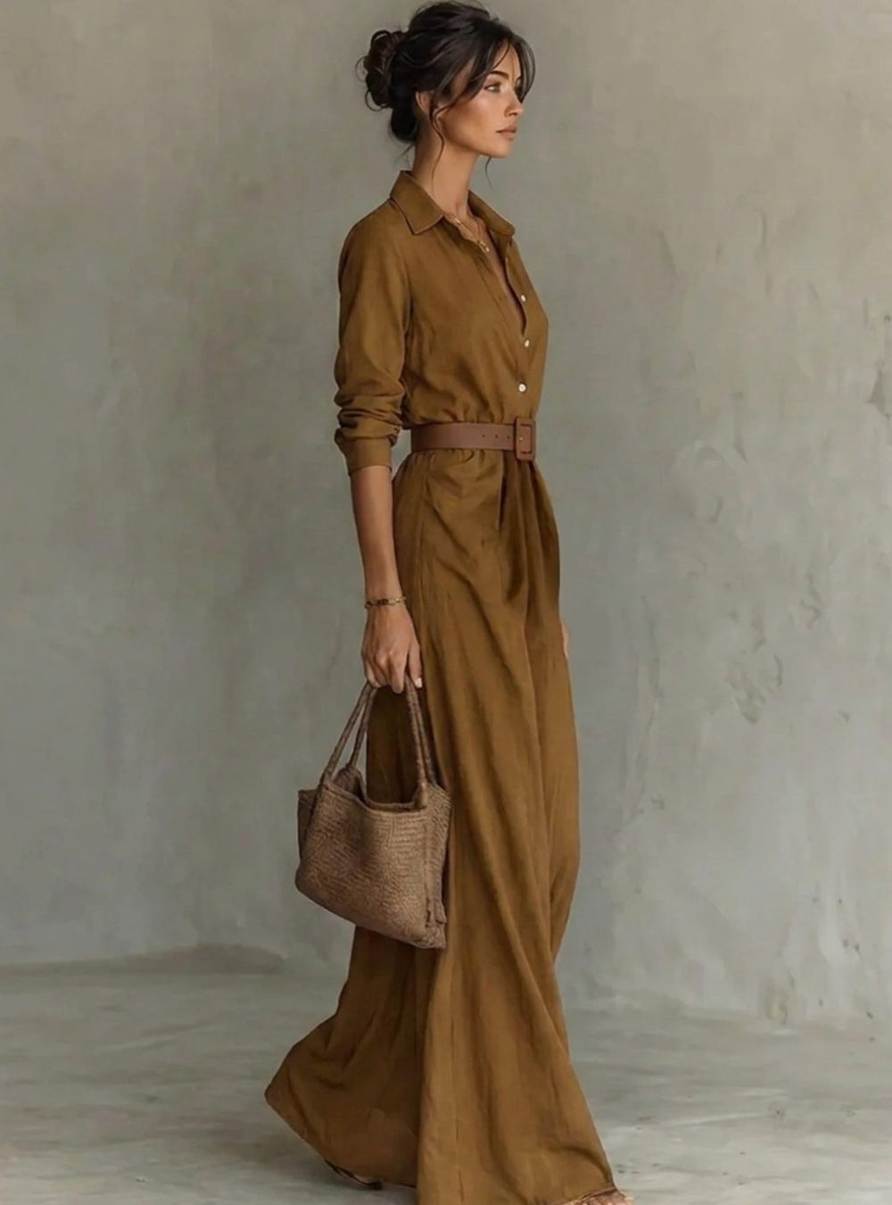 Women's Belted Long Sleeve Collared Maxi Dress