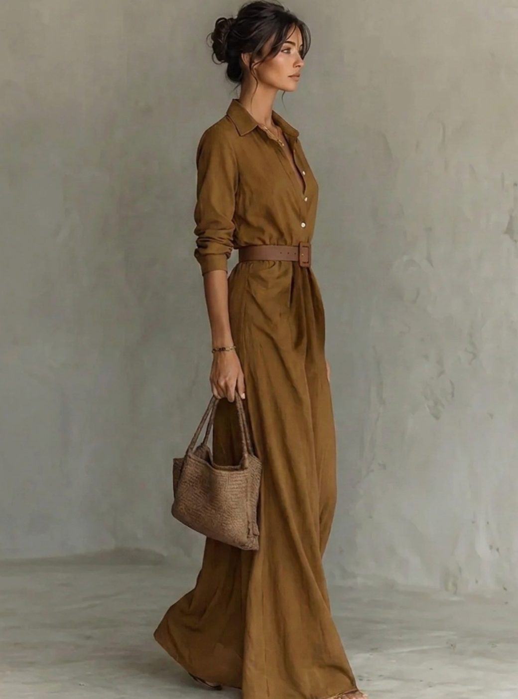 Women's Belted Long Sleeve Collared Maxi Dress