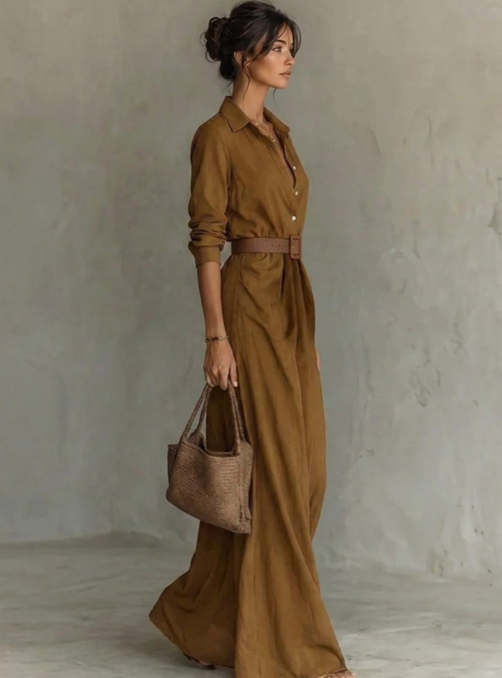 Women's Belted Long Sleeve Collared Maxi Dress