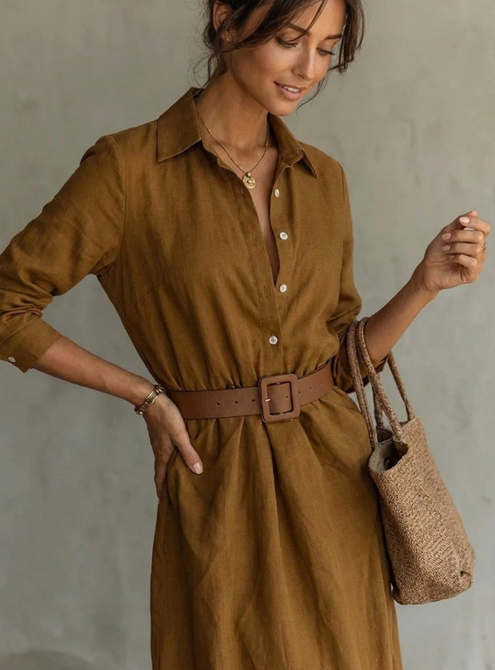Women's Belted Long Sleeve Collared Maxi Dress