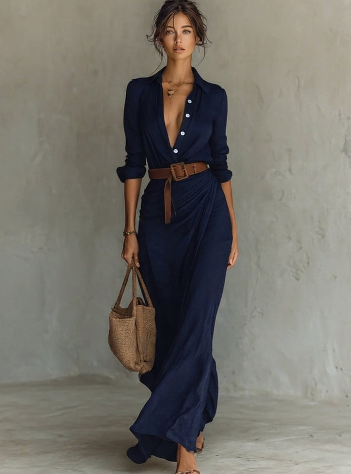 Women's Belted Long Sleeve Collared Maxi Dress - Navy Blue