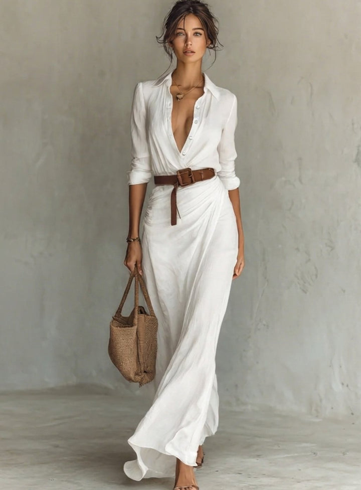 Women's Belted Long Sleeve Collared Maxi Dress - White
