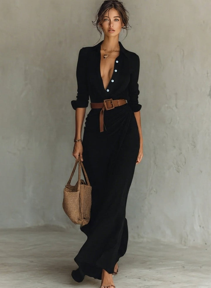 Women's Belted Long Sleeve Collared Maxi Dress - Black