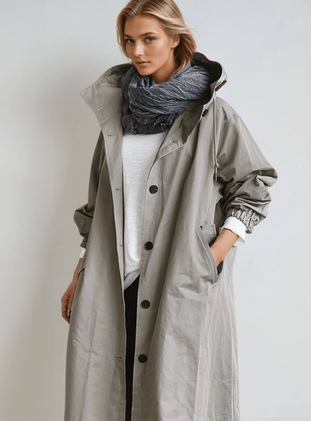 Women's Belted Trench Coat Water-Repellent Double-Breasted Longline Raincoat - Gray