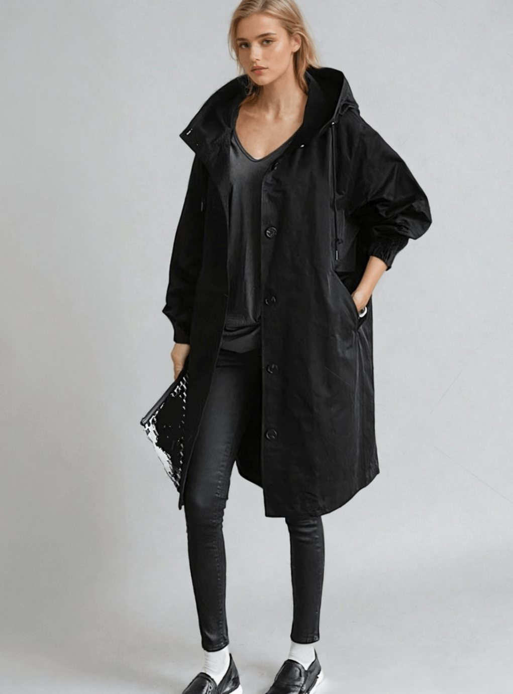 Women's Belted Trench Coat Water-Repellent Double-Breasted Longline Raincoat - Black