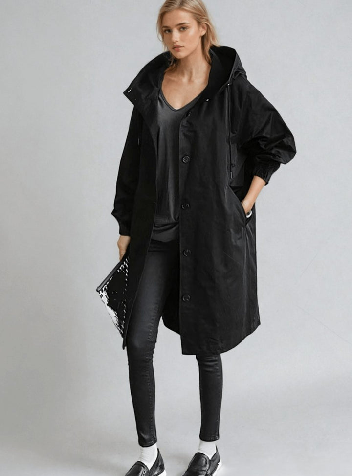 Women's Belted Trench Coat Water-Repellent Double-Breasted Longline Raincoat - Black