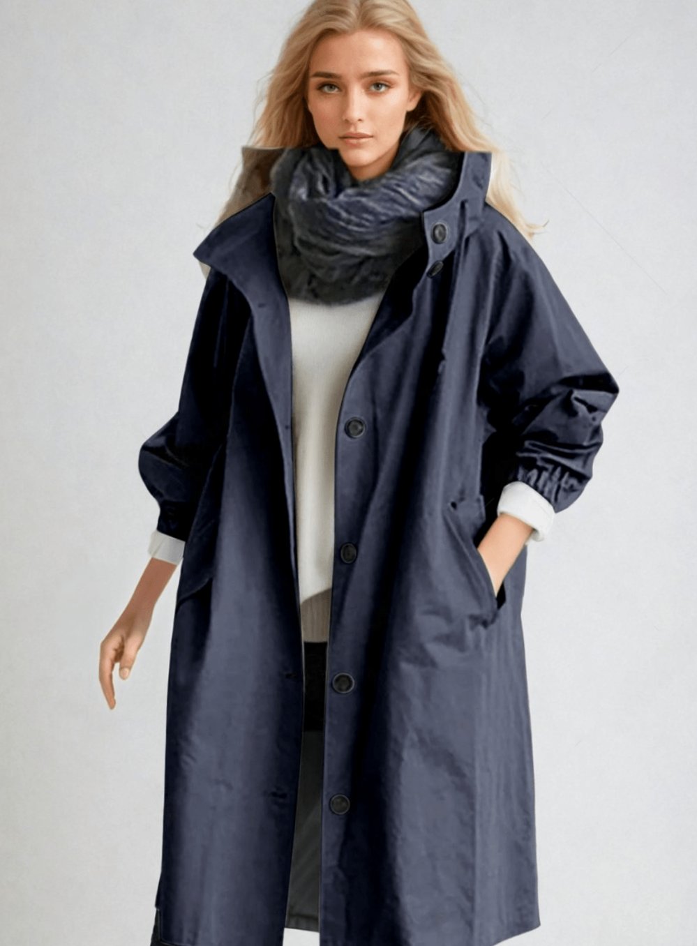 Women's Belted Trench Coat Water-Repellent Double-Breasted Longline Raincoat - Navy Blue