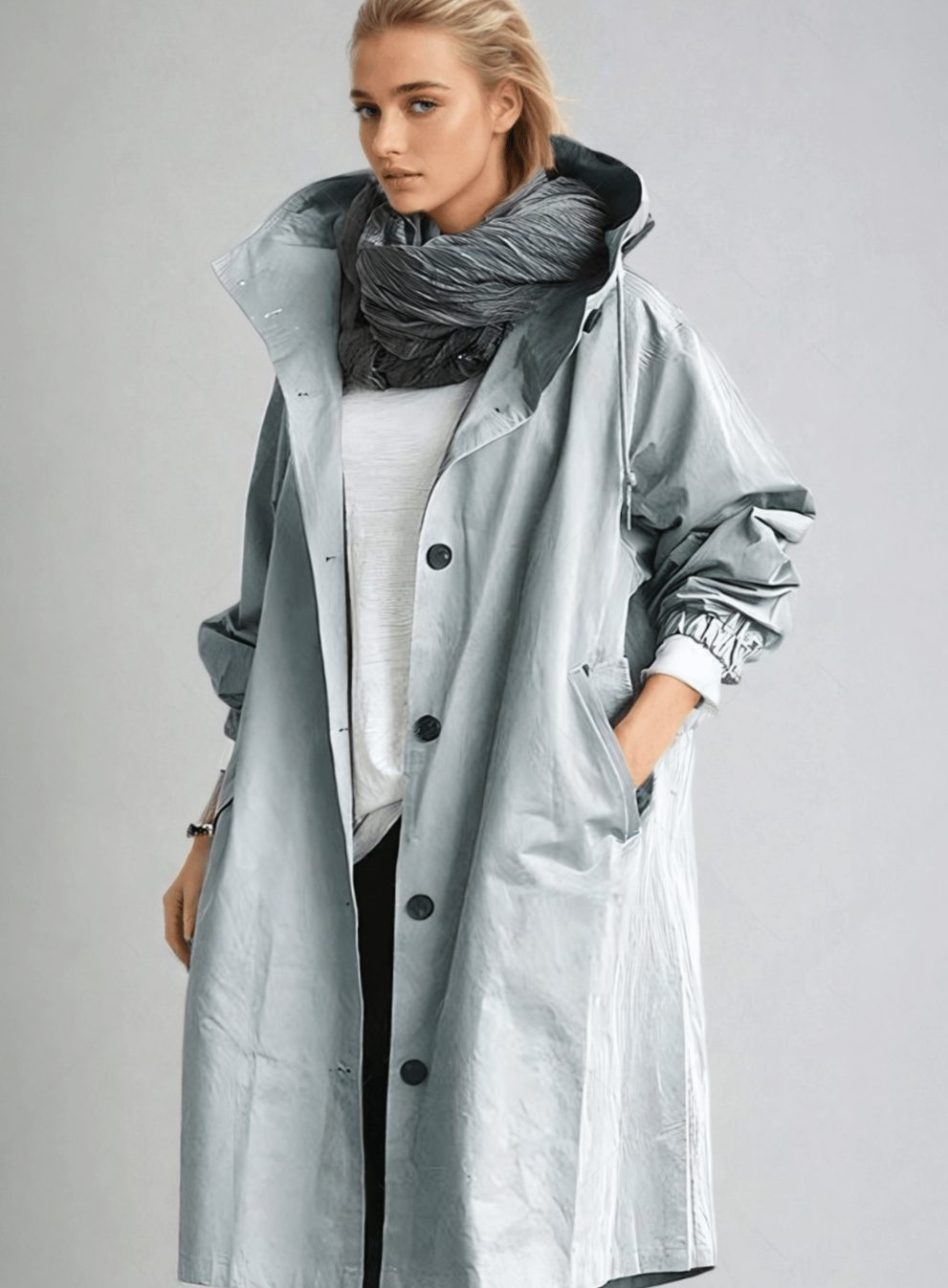 Women's Belted Trench Coat Water-Repellent Double-Breasted Longline Raincoat - Light Blue