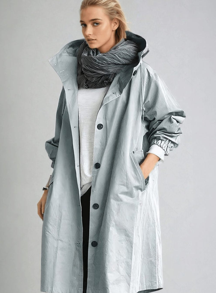 Women's Belted Trench Coat Water-Repellent Double-Breasted Longline Raincoat - Light Blue