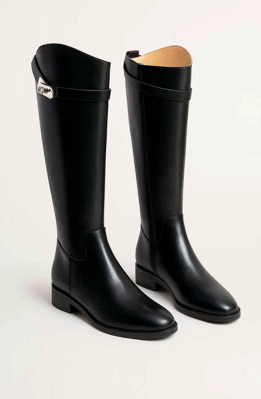 Women's Black Knee-High Leather Riding Boots Buckle Detail - Black