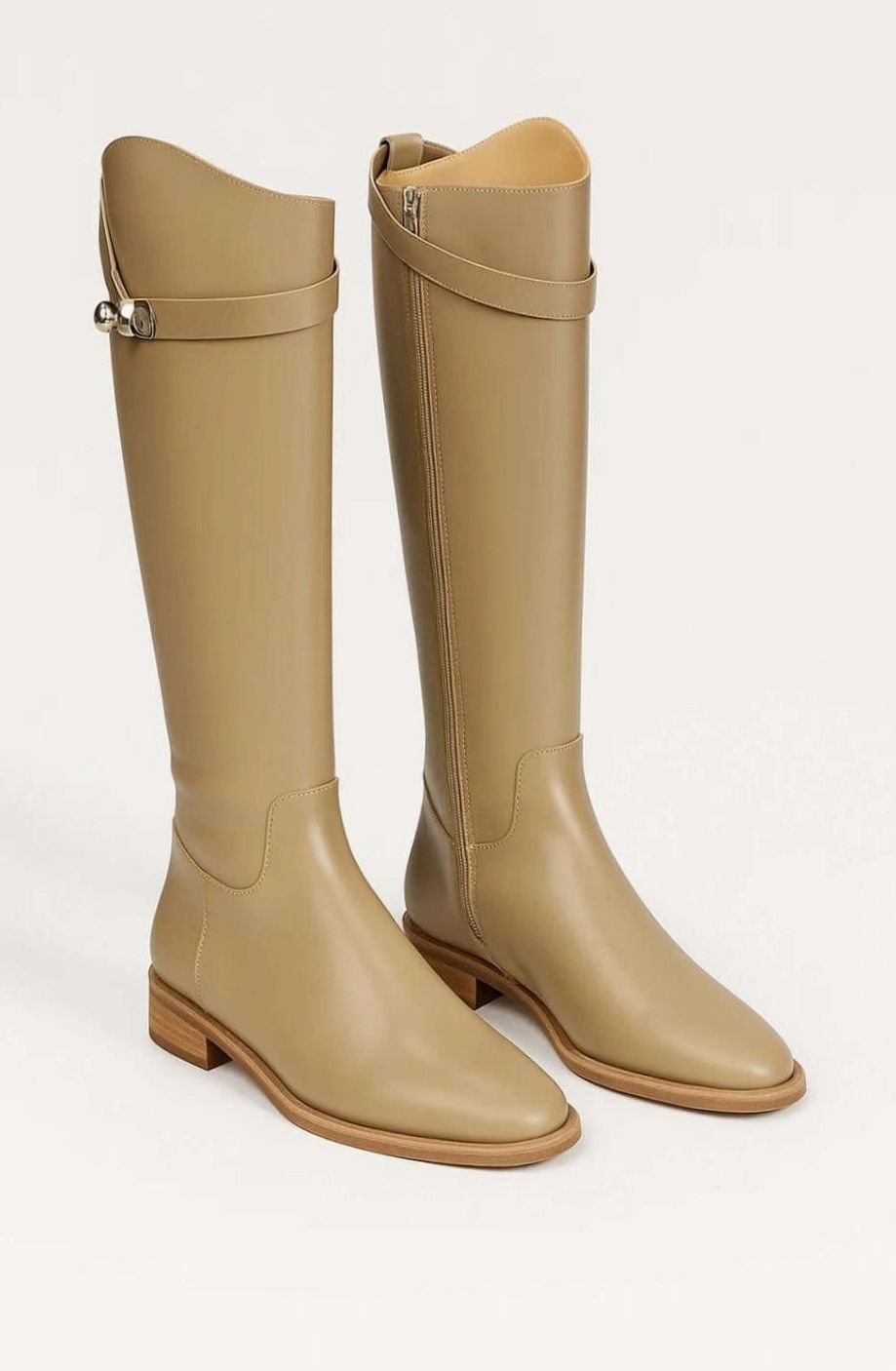 Women's Black Knee-High Leather Riding Boots Buckle Detail - Beige