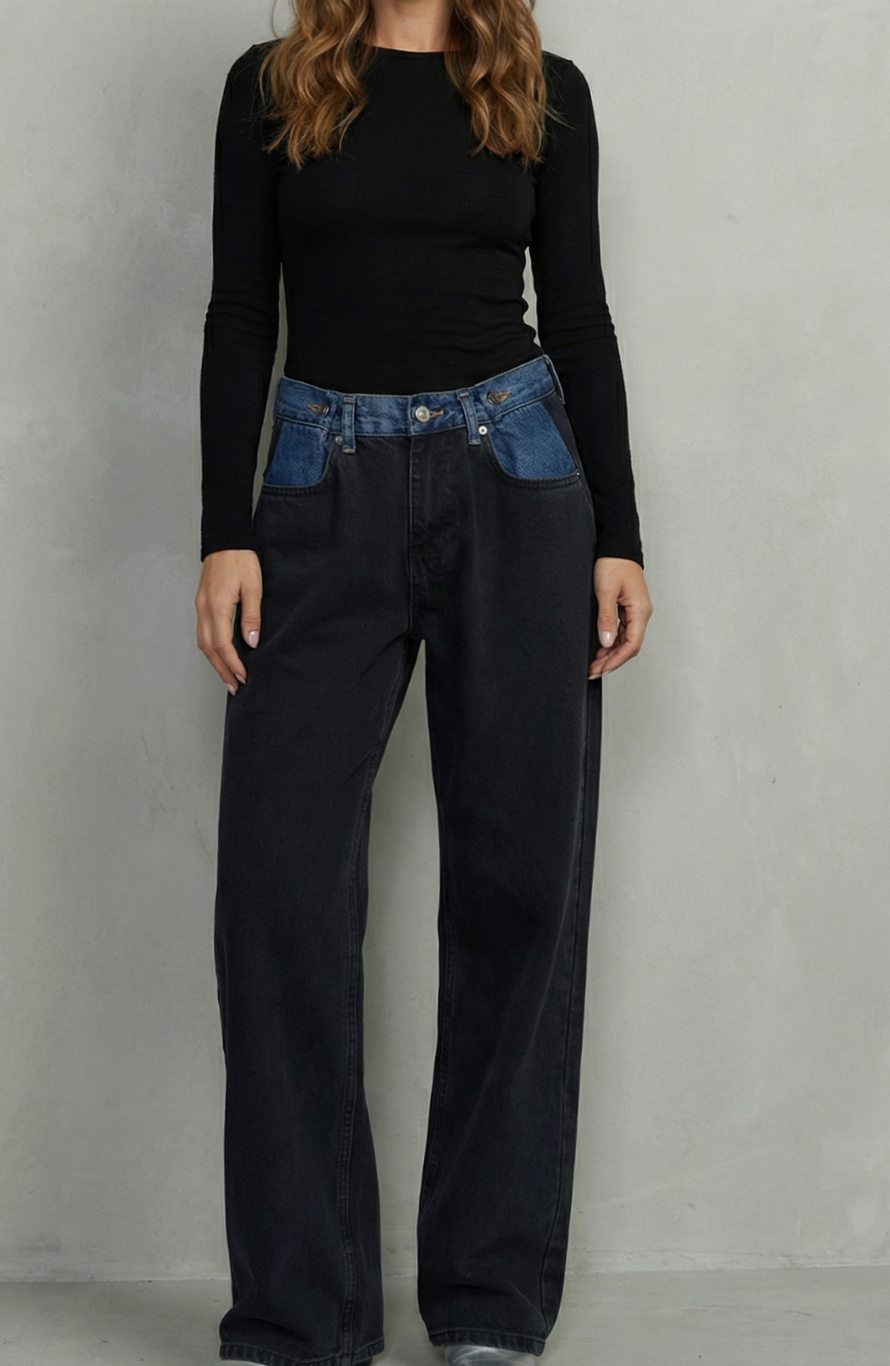 Women's Black Straight Leg Jeans Contrast Tri-Fold Waistband - Black