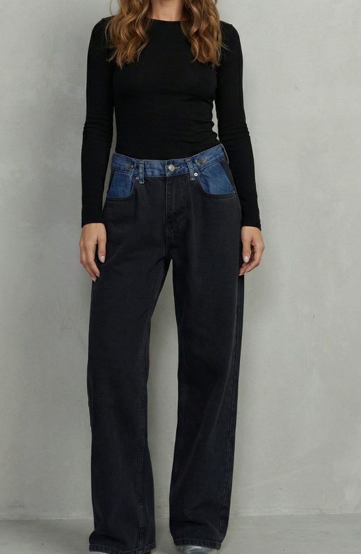 Women's Black Straight Leg Jeans Contrast Tri-Fold Waistband - Black