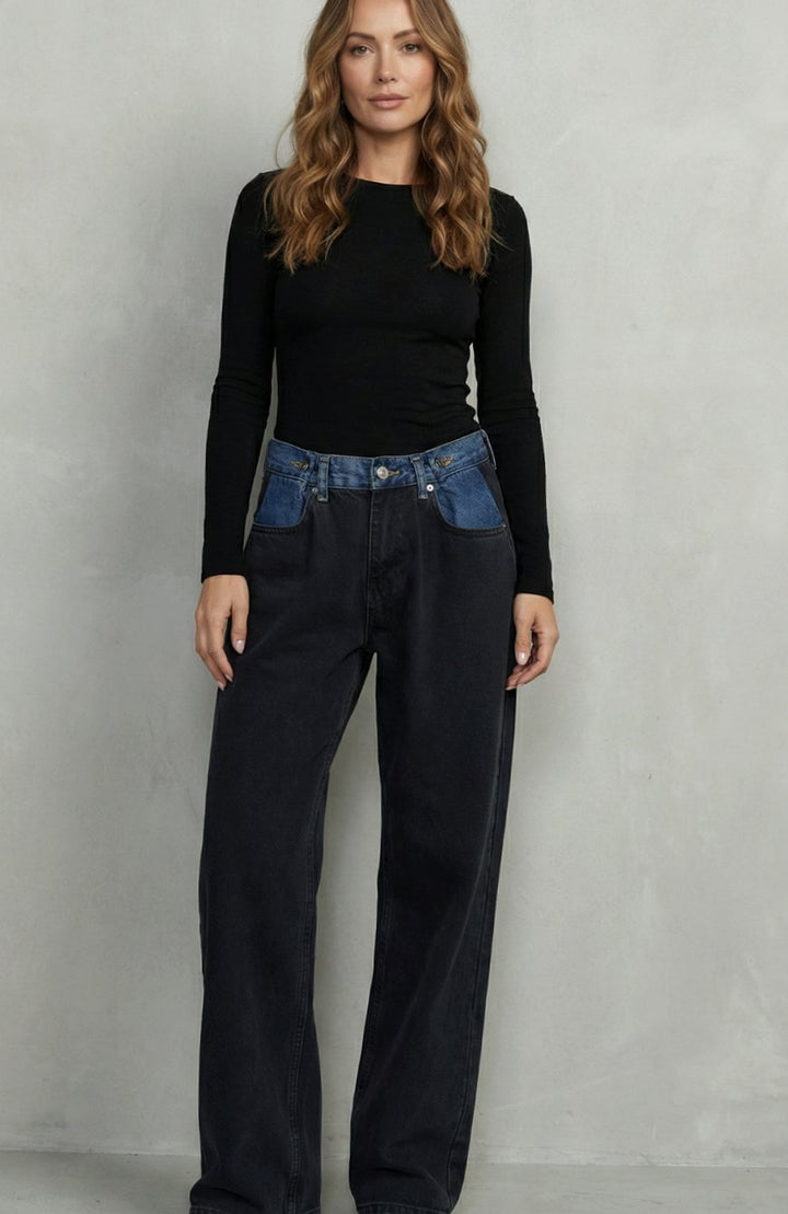 Women's Black Straight Leg Jeans Contrast Tri-Fold Waistband