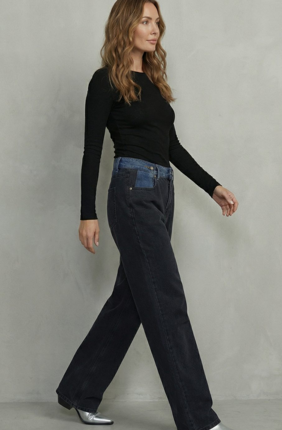 Women's Black Straight Leg Jeans Contrast Tri-Fold Waistband