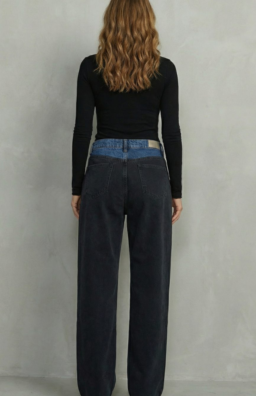 Women's Black Straight Leg Jeans Contrast Tri-Fold Waistband