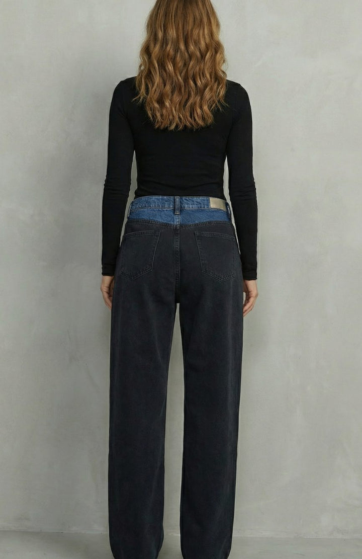 Women's Black Straight Leg Jeans Contrast Tri-Fold Waistband