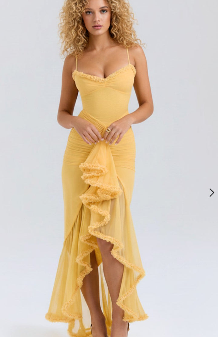 Women's Bodycon Spaghetti-Strap Ruffle-Hem Maxi Gown - Yellow