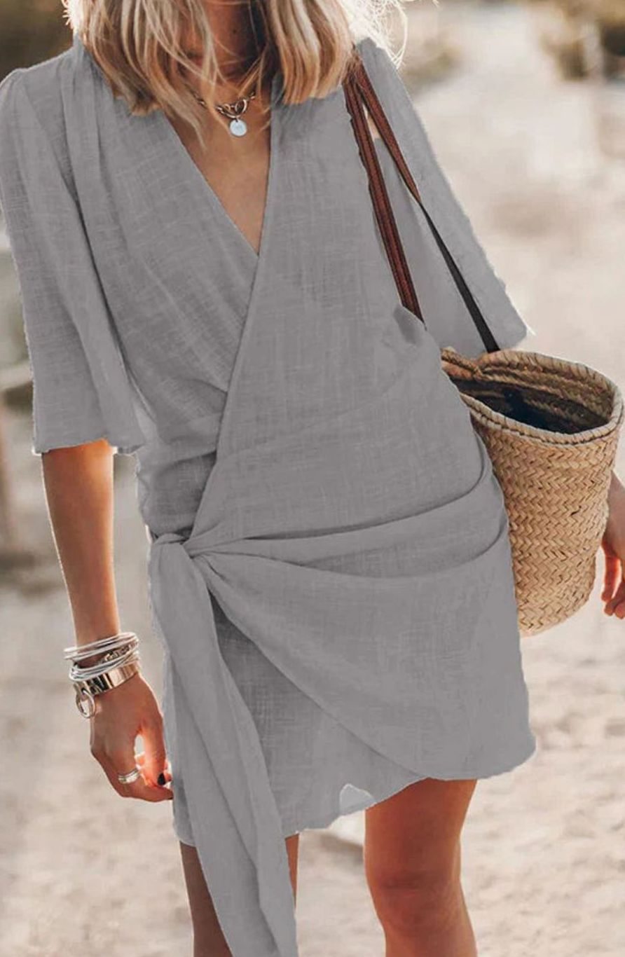 Women's Bohemian Knotted Wrap V-Neck Mini Dress - Gray