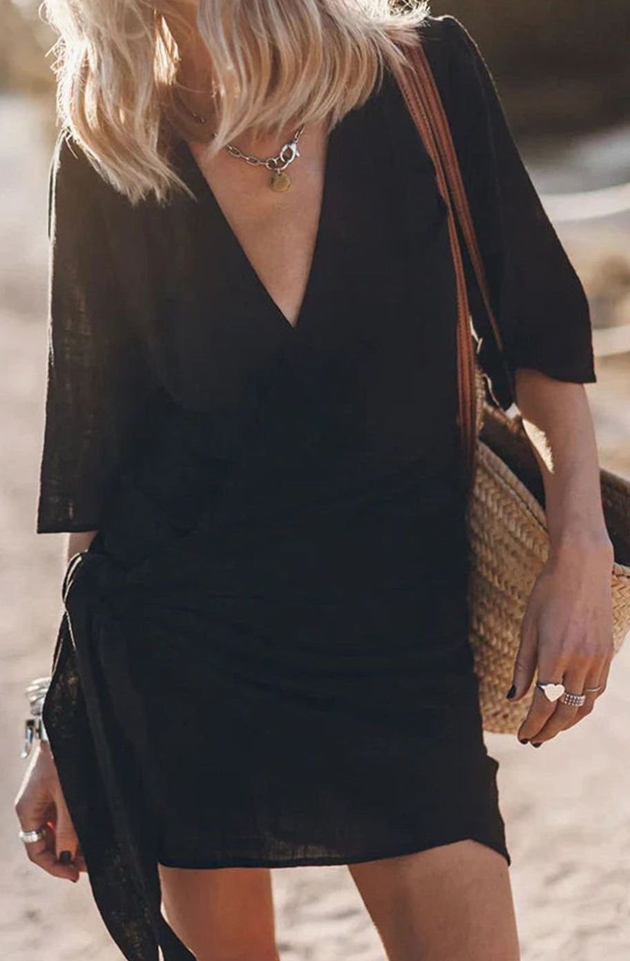 Women's Bohemian Knotted Wrap V-Neck Mini Dress - Black