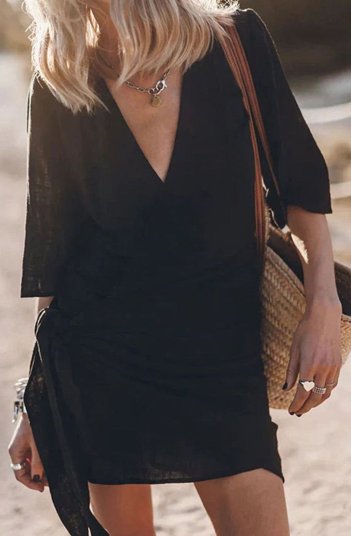 Women's Bohemian Knotted Wrap V-Neck Mini Dress - Black