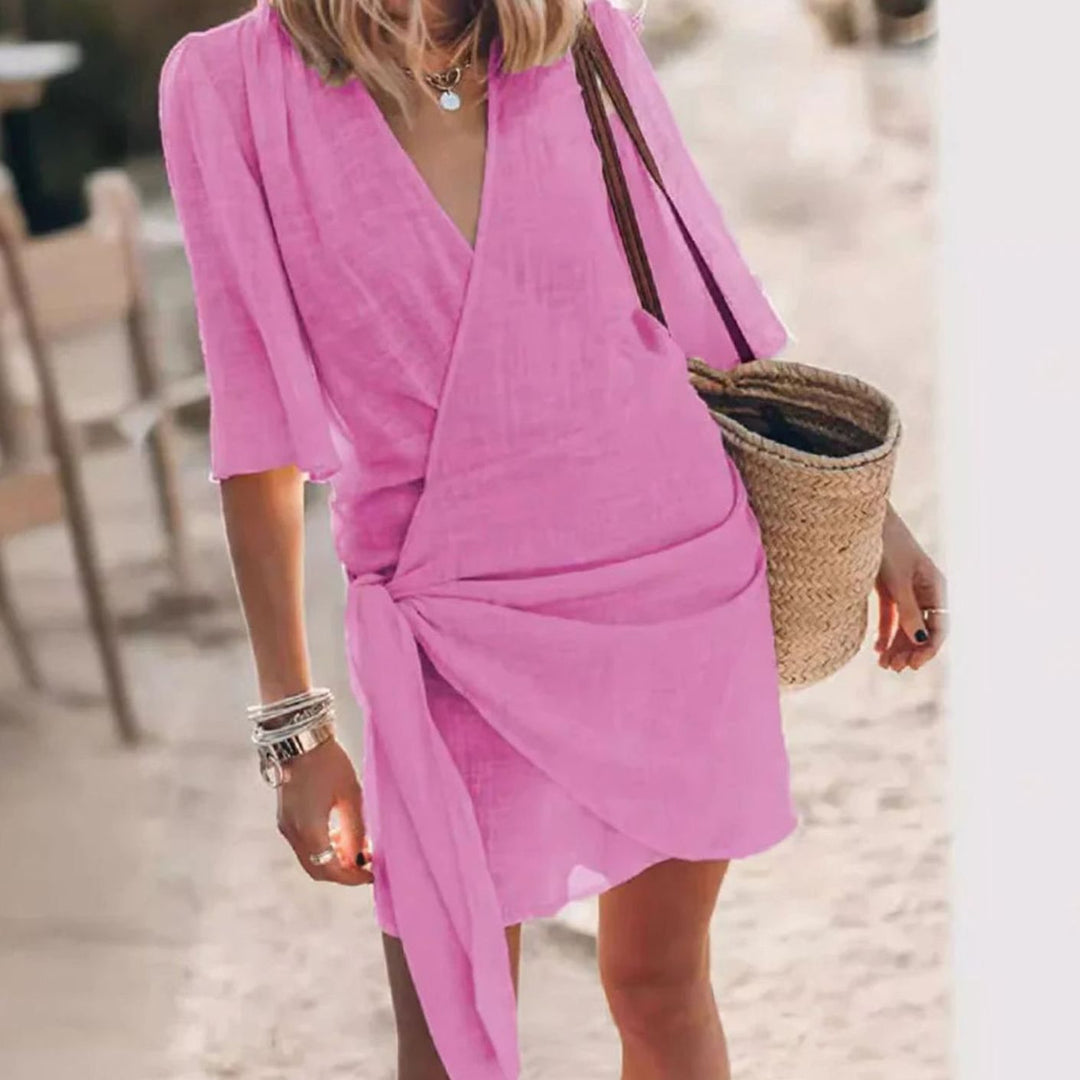 Women's Bohemian Knotted Wrap V-Neck Mini Dress - Pink