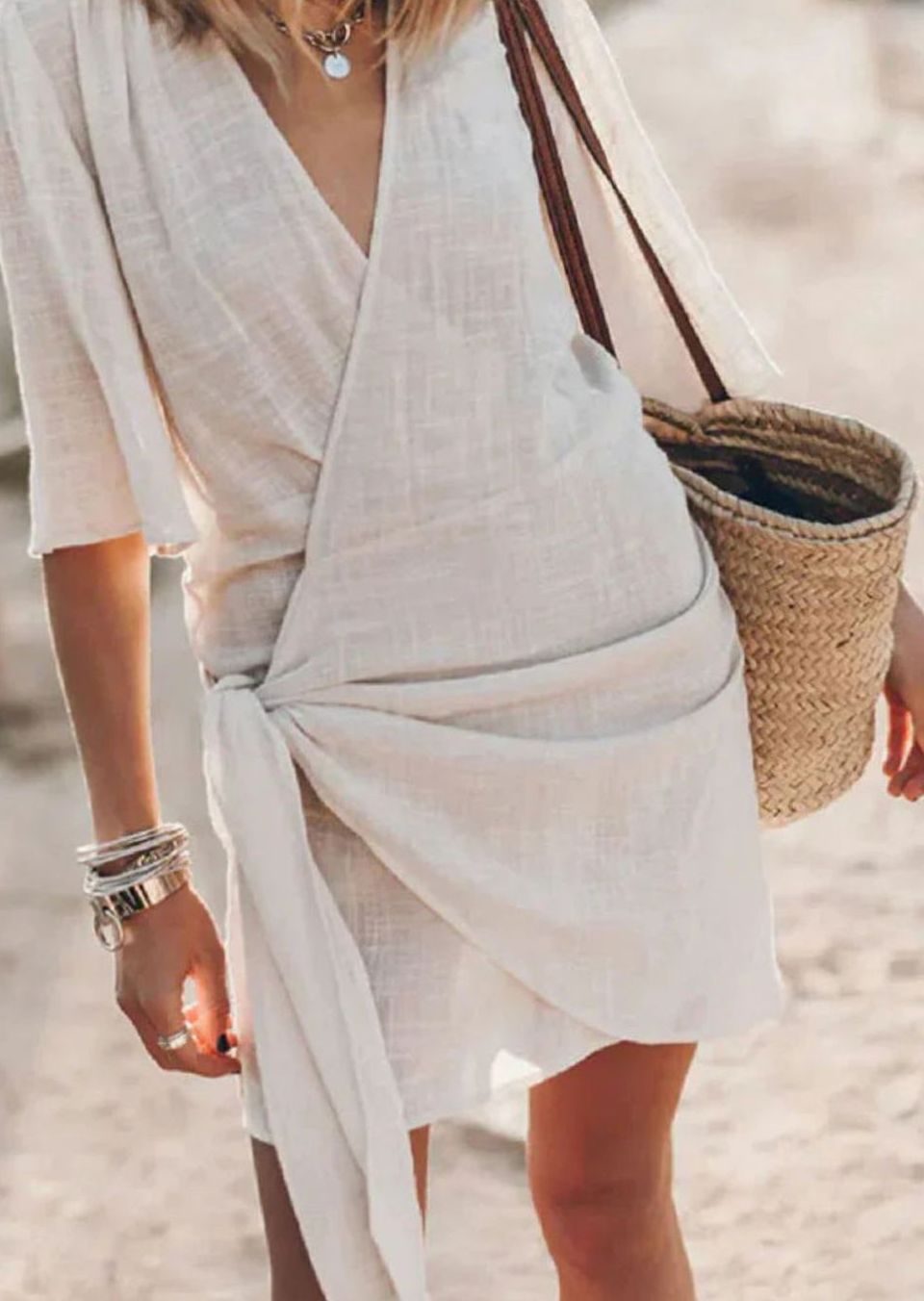 Women's Bohemian Knotted Wrap V-Neck Mini Dress - Apricot