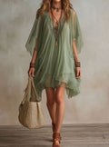 Mia | Women's Boho Chiffon V-Neck Flowy Asymmetric Hem Mini Dress