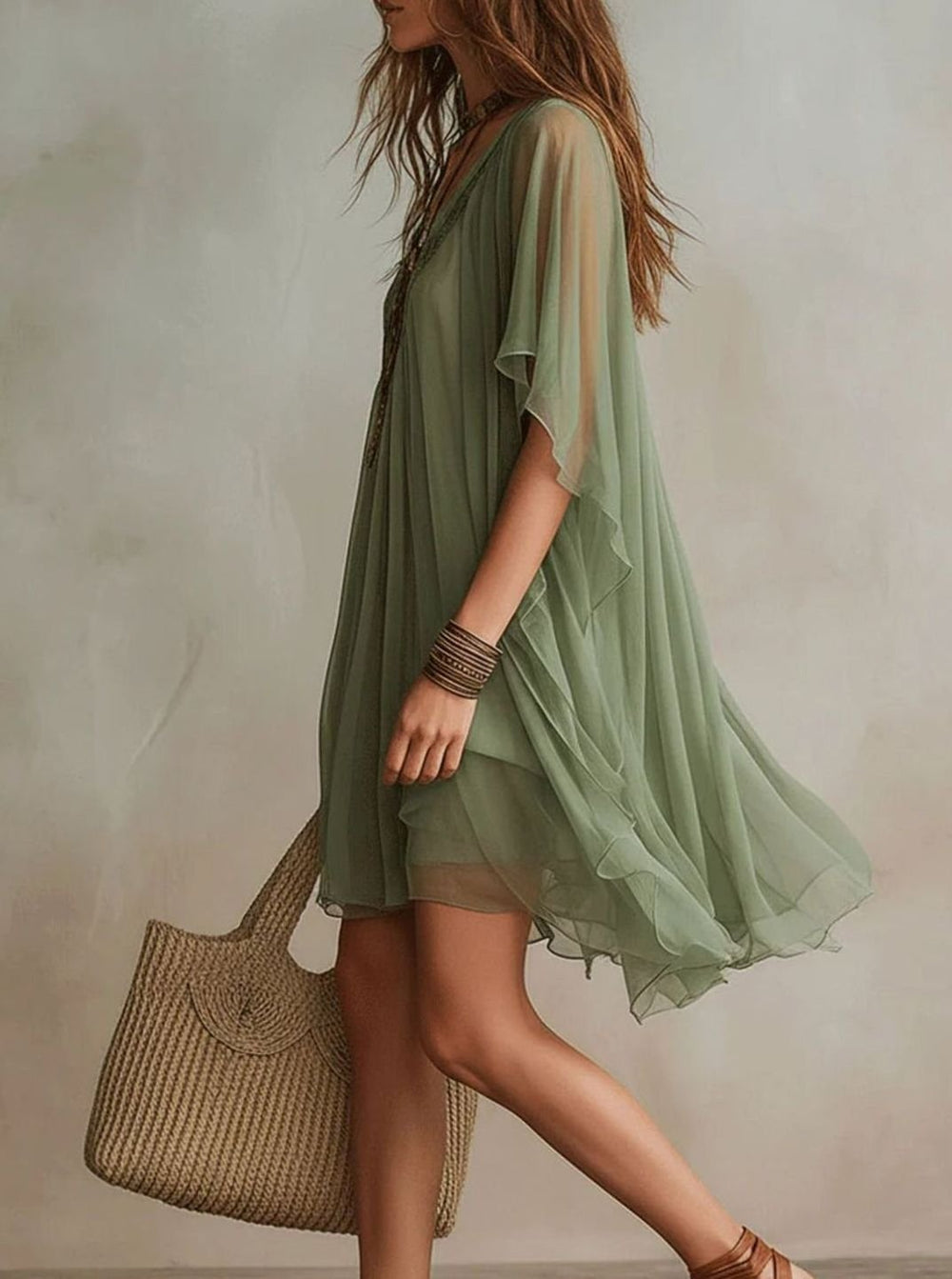 Women's Boho Chiffon V-Neck Flowy Asymmetric Hem Mini Dress