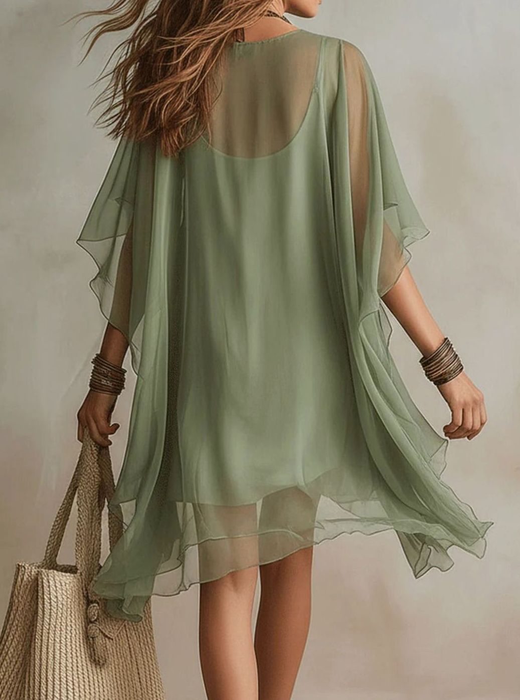 Women's Boho Chiffon V-Neck Flowy Asymmetric Hem Mini Dress