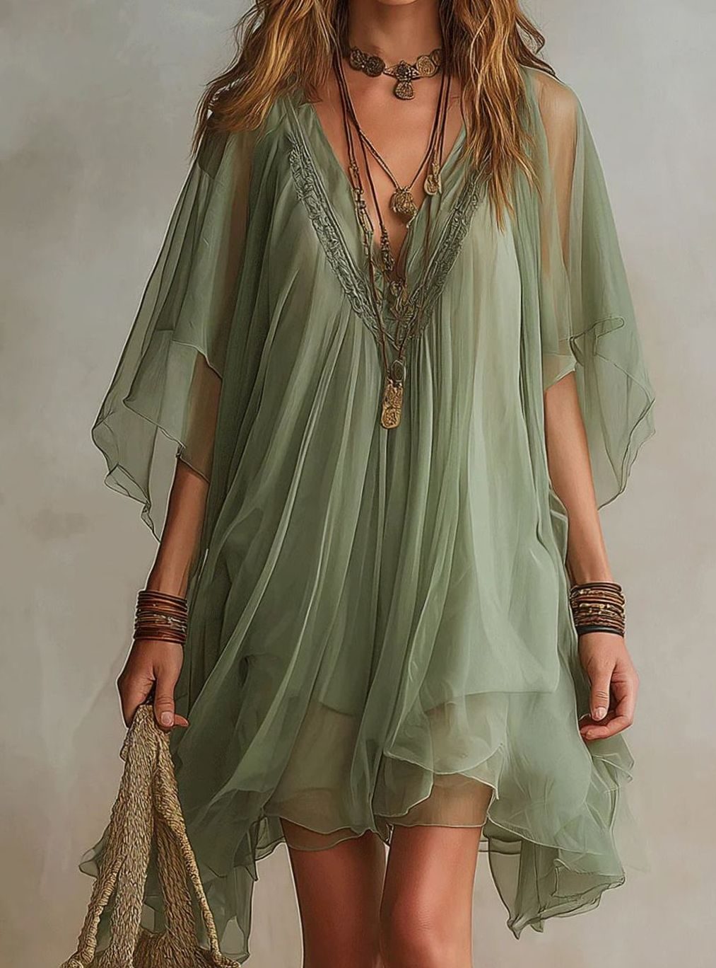 Women's Boho Chiffon V-Neck Flowy Asymmetric Hem Mini Dress