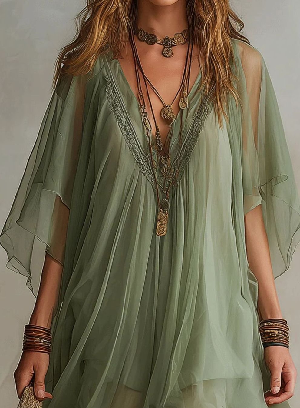 Women's Boho Chiffon V-Neck Flowy Asymmetric Hem Mini Dress