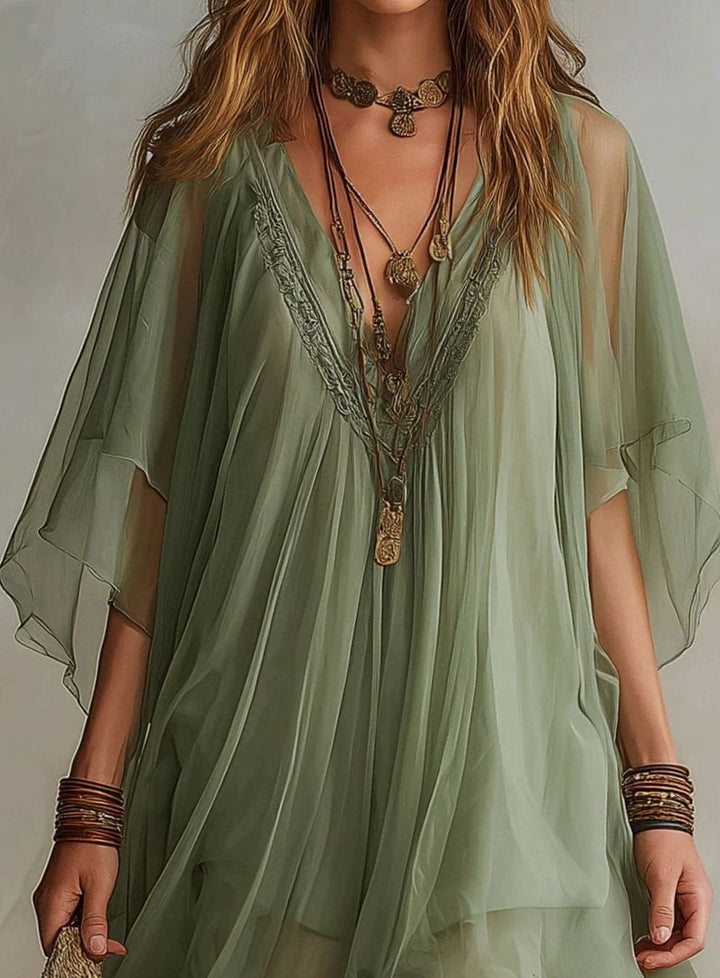 Women's Boho Chiffon V-Neck Flowy Asymmetric Hem Mini Dress