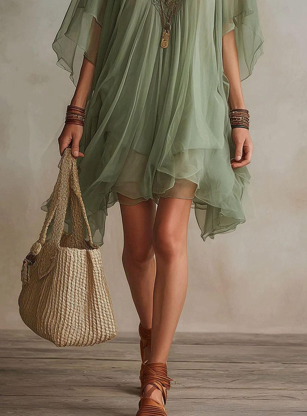 Women's Boho Chiffon V-Neck Flowy Asymmetric Hem Mini Dress