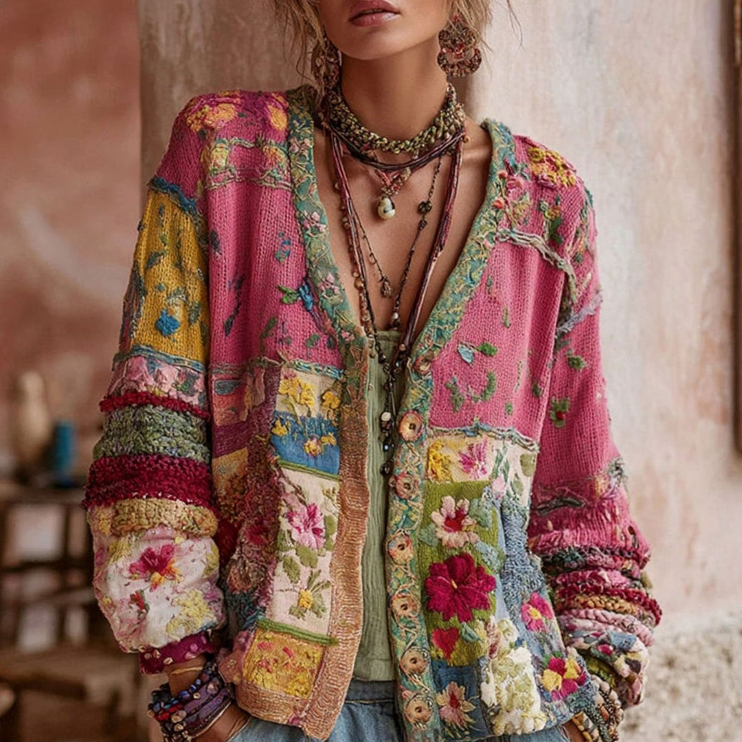 Women's Boho Floral Embroidered Patchwork Knit Cardigan - Pink