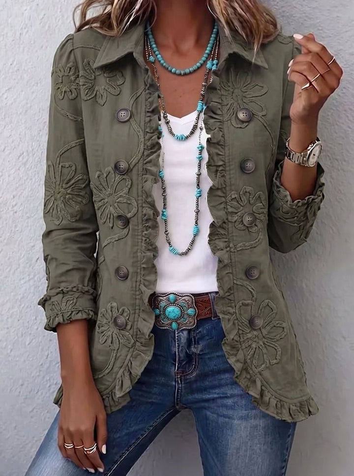 Women's Boho Floral Embroidered Ruffle-Trim Double-Breasted Blazer - Olive Green