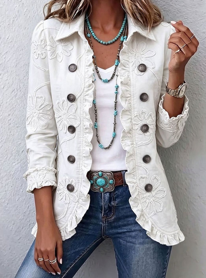 Women's Boho Floral Embroidered Ruffle-Trim Double-Breasted Blazer - White