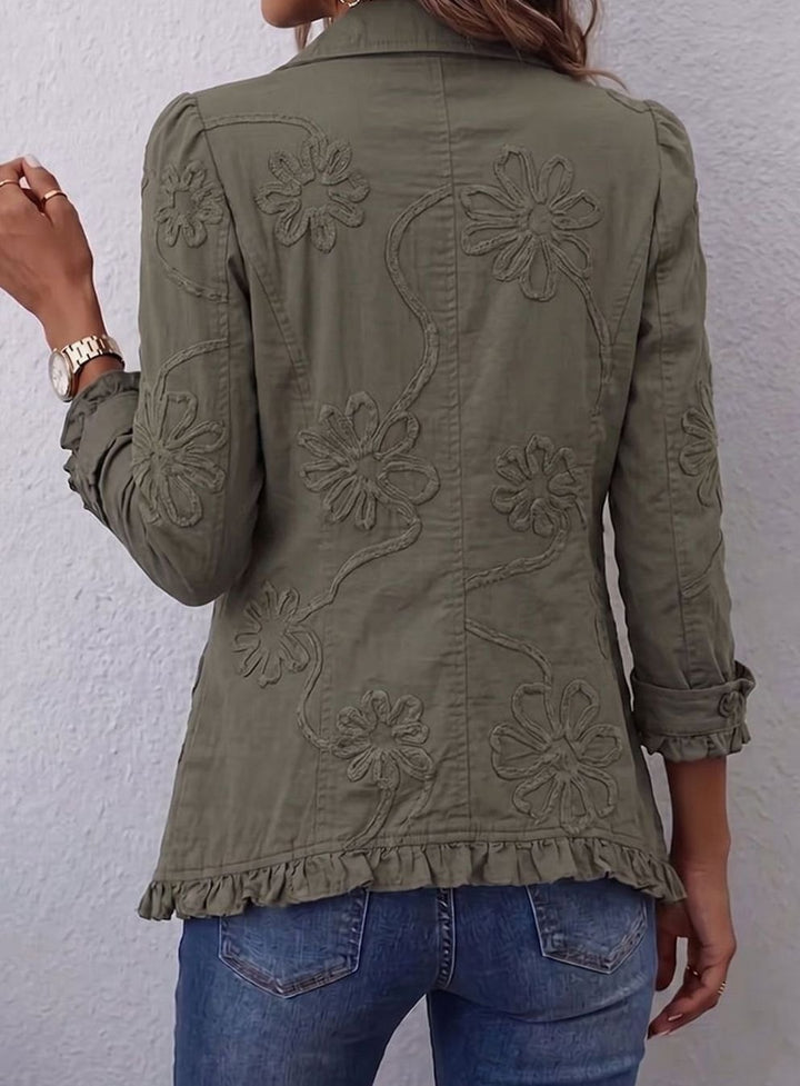 Women's Boho Floral Embroidered Ruffle-Trim Double-Breasted Blazer