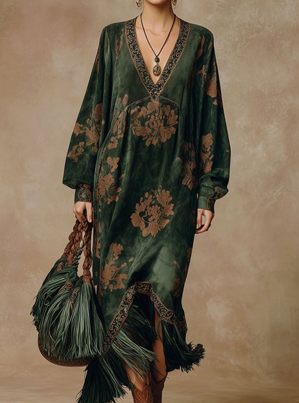 Women's Boho Floral Long Sleeve Deep V-Neck Fringe Maxi Dress - Green