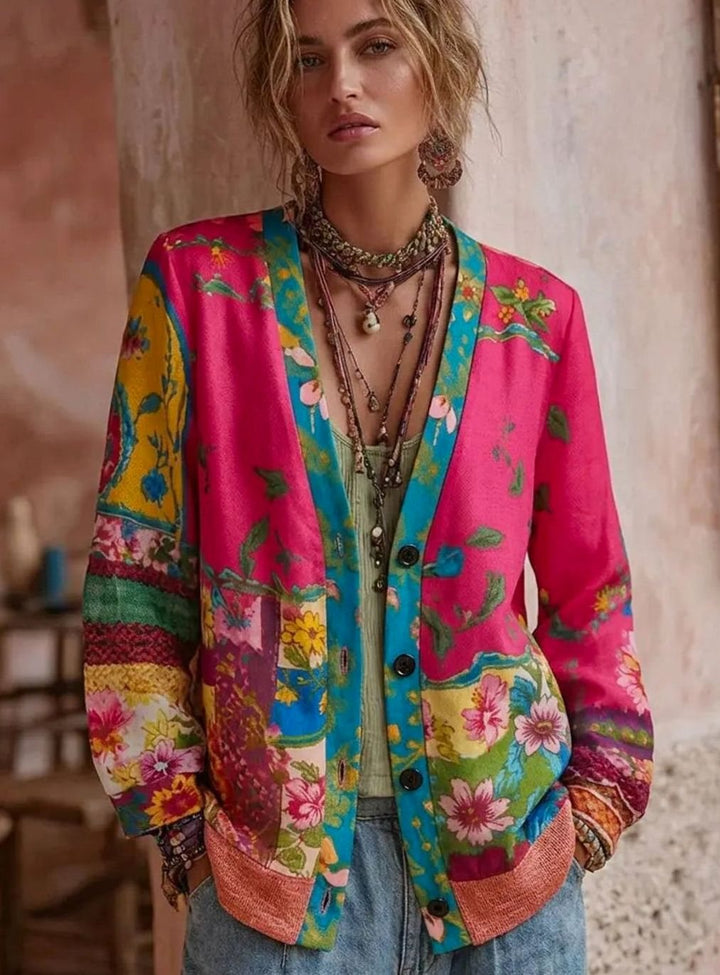 Women's Boho Floral Patchwork Button-Front Cardigan - Pink
