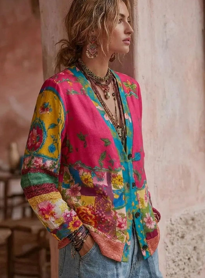 Women's Boho Floral Patchwork Button-Front Cardigan