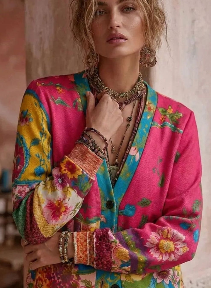 Women's Boho Floral Patchwork Button-Front Cardigan