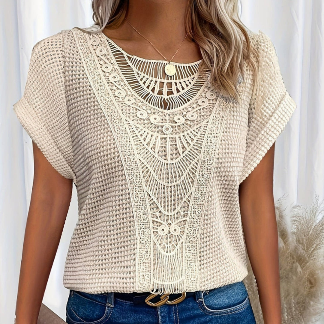 Women's Boho Lace-Panel Waffle-Knit Short-Sleeve Top - Beige