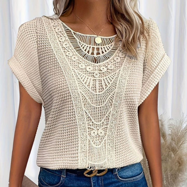 Women's Boho Lace-Panel Waffle-Knit Short-Sleeve Top - Beige